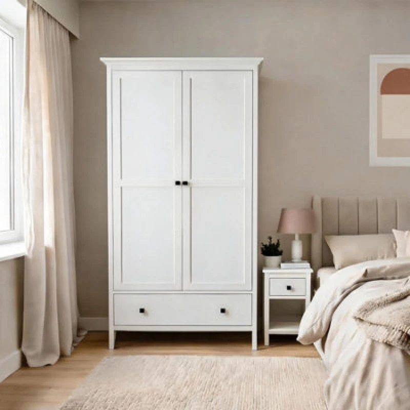 Image of Home Source 2 Door Wardrobe Storage Drawer Clothes Organiser MDF 180cm Tall White