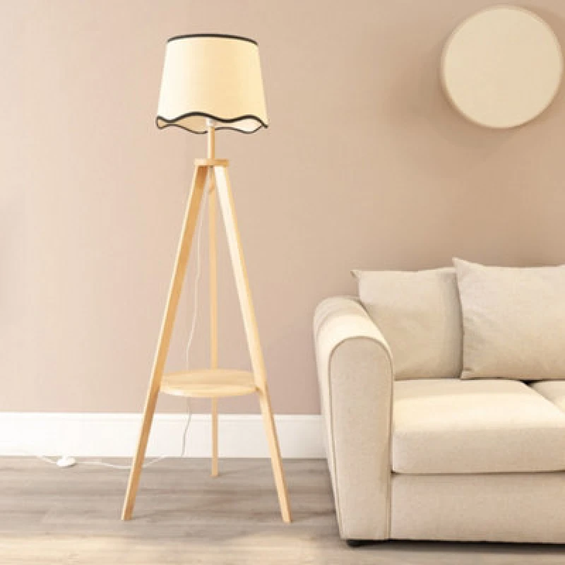 Image of ValueLights Morrigan Light Wood Tripod Floor Lamp with Scallop Trim Tapered Lamp Shade Black