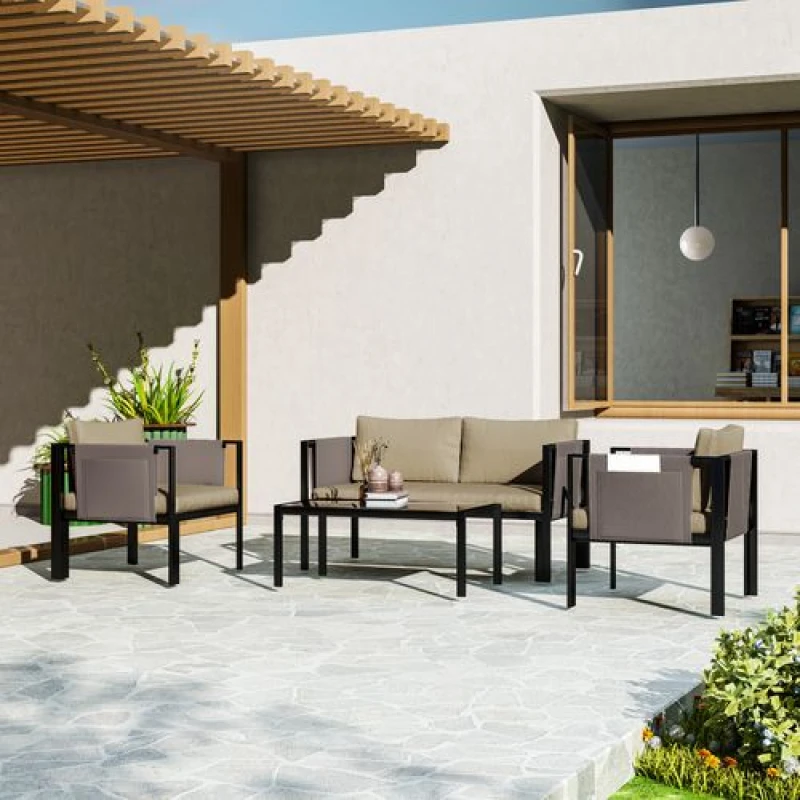 Image of Outsunny 4 Piece Garden Sofa Set w/ Tempered Glass Coffee Table Khaki TJ Hughes 5063603018327