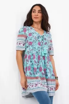 Image of Floral Print Lace Insert Short Sleeve Tunic Dress