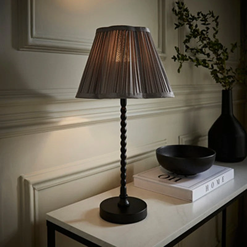 Image of ValueLights ValueLights Maeve Pleated Faux Silk Scallop Shade Matte Black Bobbin Table Lamp with Bulb in Dark Grey Dark Grey One Size Unisex 505940606