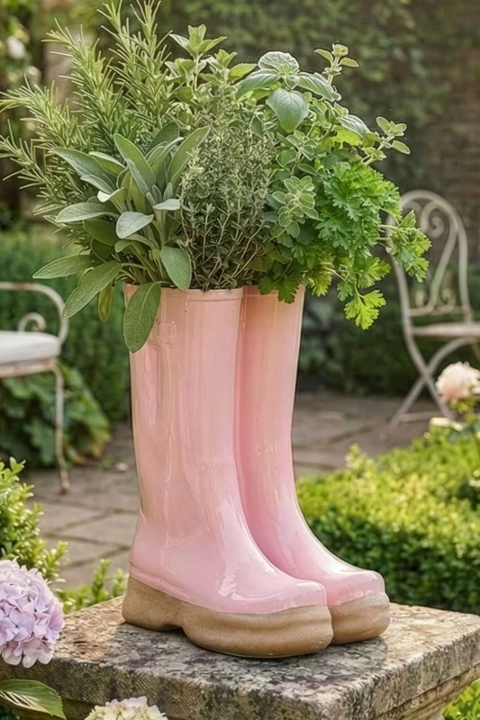 Image of Dibor Pink Double Wellington Boots Large Ceramic Indoor Outdoor Flower Pot Garden Planter Pot (W) 24cm, (H) 29.5cm Pink Unisex Large
