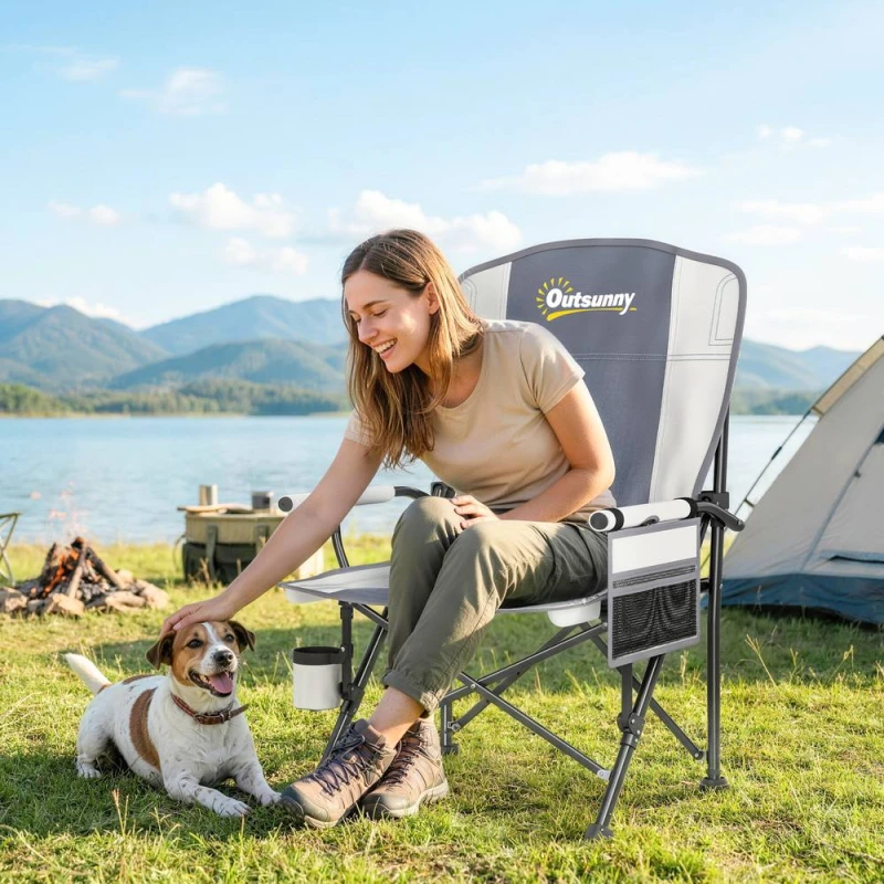 Image of OUTSUNNY Camping Chair Padded with Side Pocket in Light Grey Light Grey Unisex