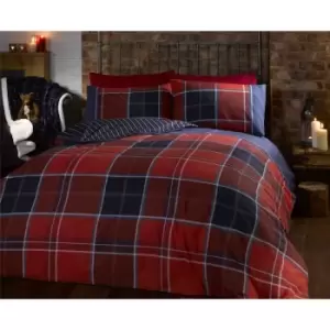 image of Red Argyle Tartan Checked Duvet Cover Quilt Bedding Set, Red Blue, King Size