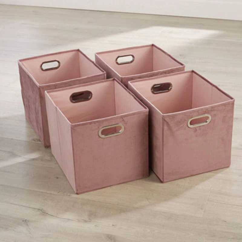 Image of Home Source Cube Pack of Four Canvas Fabric 33x37cm Large Storage Insert Boxes Dusty Pink