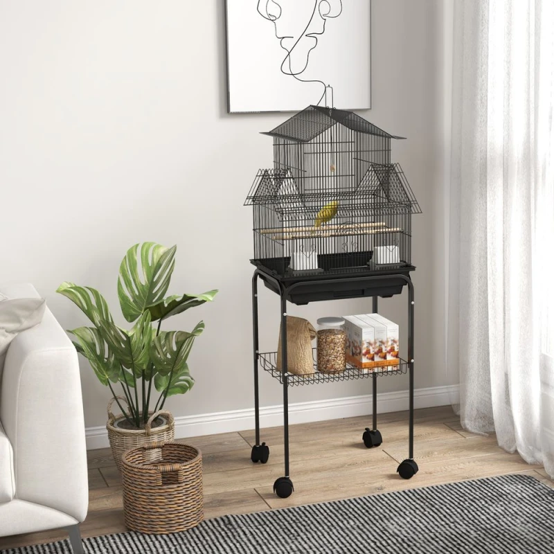 Image of PawHut Metal Bird Cage Small w/ Perch Food Container Handle for Finch Canary With Stand - Pawhut 5056725508982