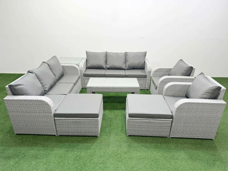 Image of Fimous PE Rattan High Back Lounge Sofa Set Patio Oblong Coffee Table & Chairs Set with 3 Seater Sofa Reclining Chair 2 Big Footstool Side Table Light