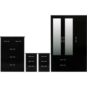 image of Seconique - Nevada 3 Door Mirrored 2 Drawer 4 Piece Bedroom Set in Black Gloss Finish