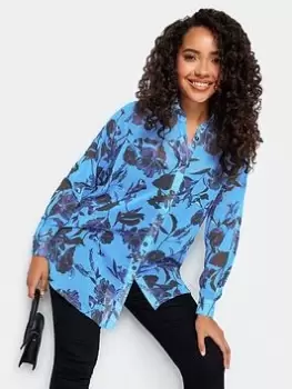 Image of M&Co Floral Long Line Shirt, Blue, Size 10, Women