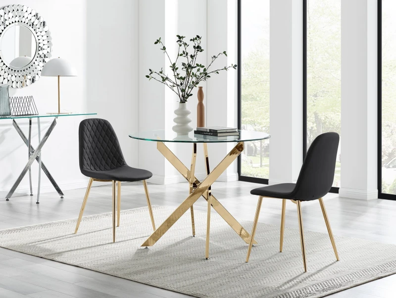 Image of FurnitureboxUK FurnitureboxUK Novara 100cm Round Gold Leg Dining Table & 2 Corona Gold Chairs in Black One Size Unisex 5056784304709