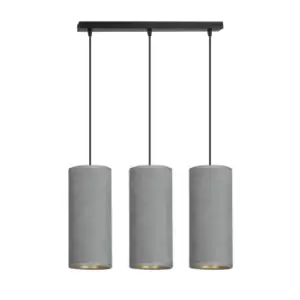 Image of Bente Black Bar Pendant Ceiling Light with Gray Fabric Shades, 3x E14