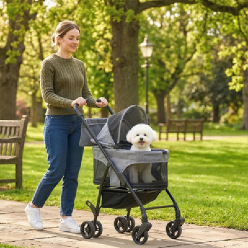 Image of Pawhut Foldable Pet Stroller, Dog Cat Stroller With Detachable Carrier
