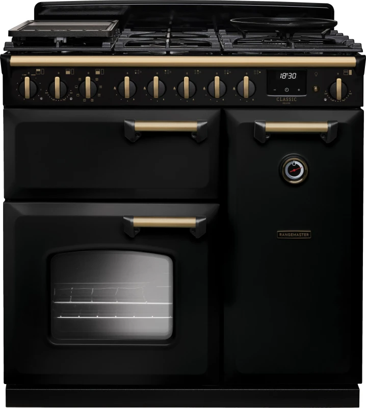 Image of Rangemaster Classic Deluxe 90 CLDL90DFPGBL/AB1 90cm wide Dual Fuel Range Cooker with Gas Hob - Black / Antique Brass - A Rated