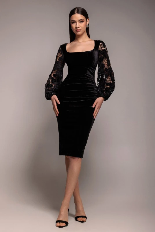Image of Goddiva Womens Square Neck Scalloped Crochet Sleeve Velvet Midi Dress in Black Size: 8 Black Female 8