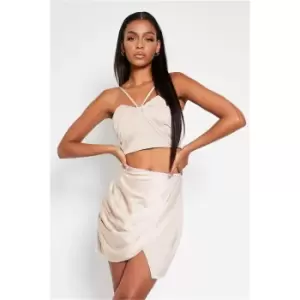 image of I Saw It First Champagne Premium Satin Drape Off The Shoulder Knot Midi Dress - Nude