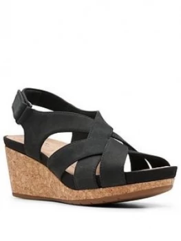 image of Clarks Un Capri Step Leather Wedge Sandal - Black Nubuck, Size 7, Women