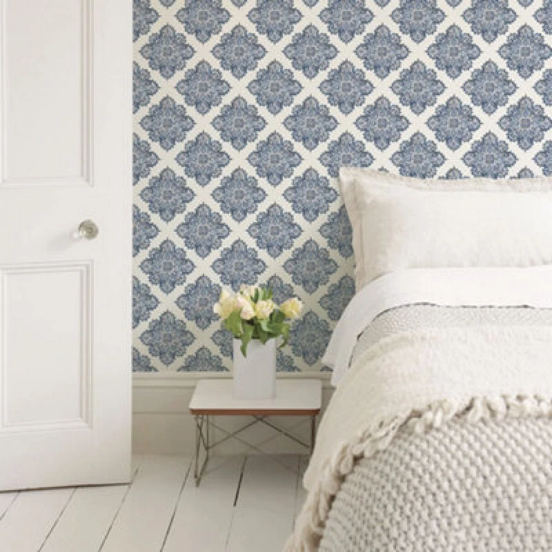 Image of Galerie Nordic Elements Blue Metallic Hmong Tile Effect Wallpaper Roll