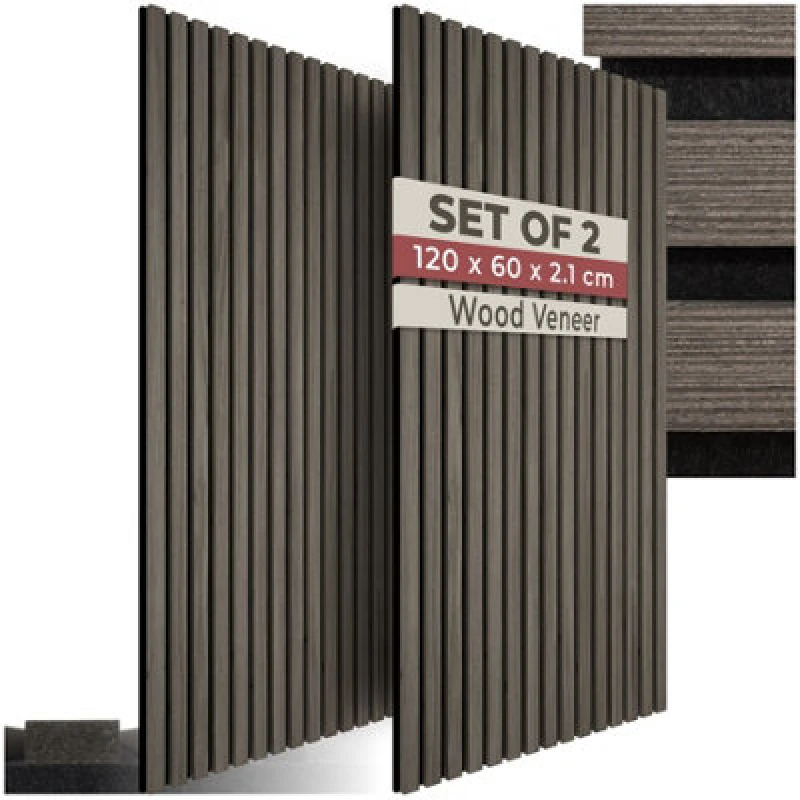Image of Tectake Acoustic Wall Panels With Wood Veneer Slats, Thick Felt And Easy To Install Set Of 2 - Oak Gray