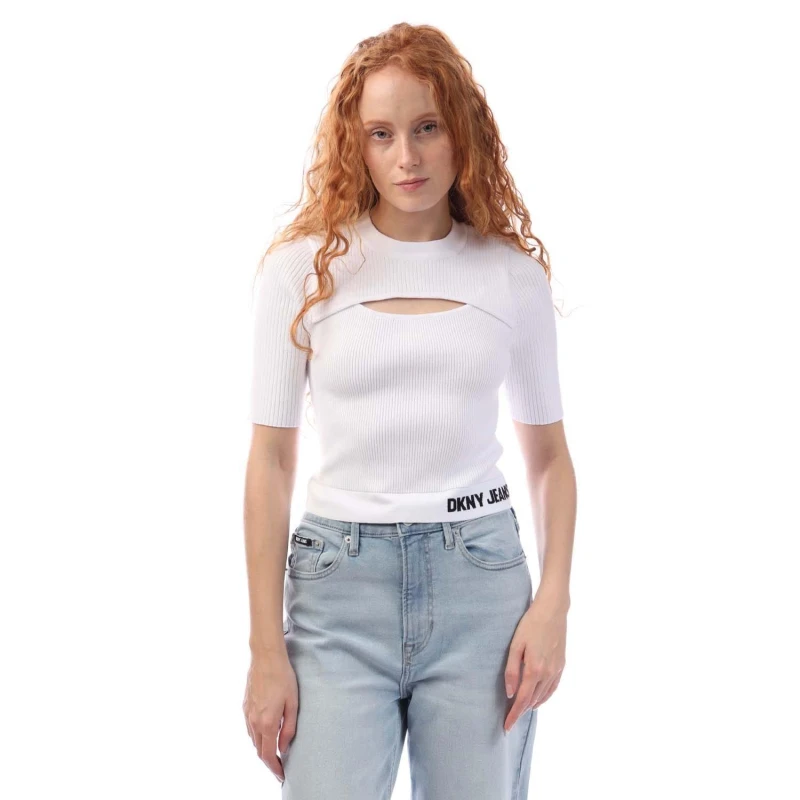 Image of DKNY Elbow Sleeve Cut Out T-Shirt White Black female XS