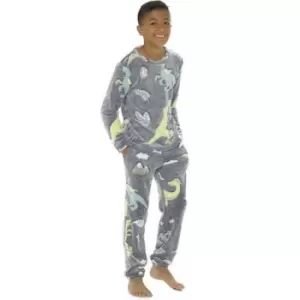 image of Follow That Dream Childrens/Kids Glow In The Dark Dinosaurs Pyjama Set (9-10 Years) (Grey)