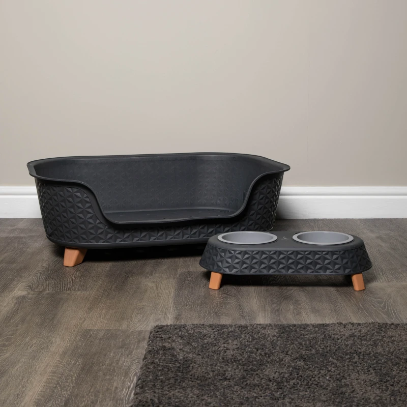 Image of 77cm x 58cm Grey Plastic Raised Pet Basket with Legs and Grey Plastic Double Pet Bowl Feeder with Stand Set