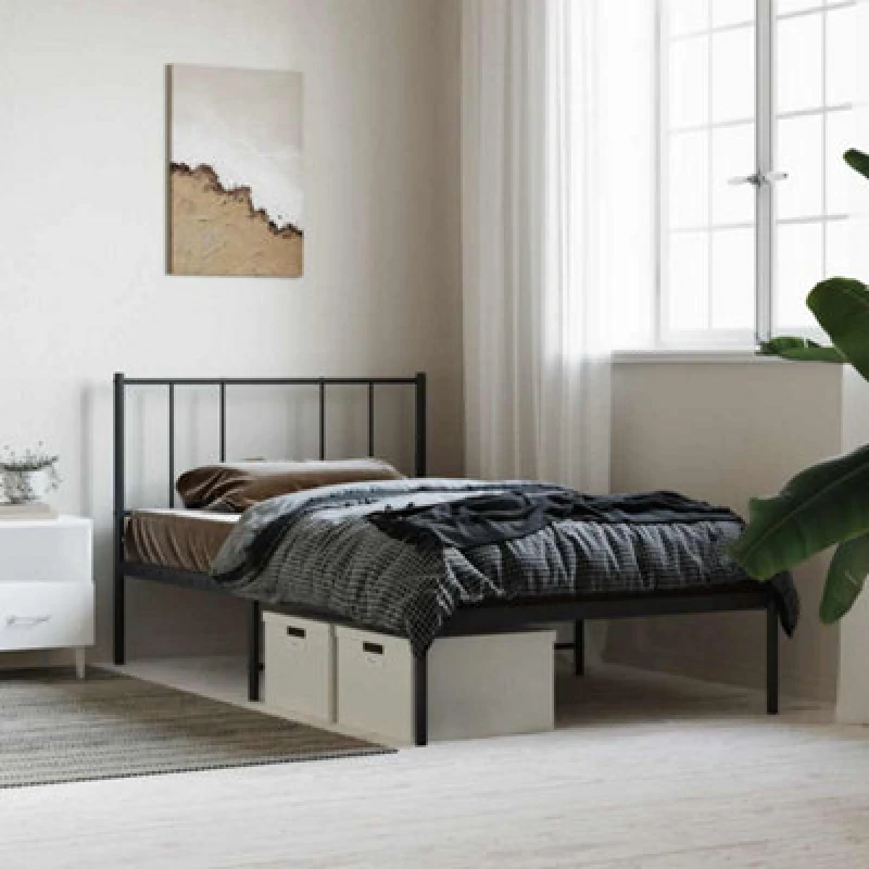Image of JINLEFU Metal Bed Frame without Mattress with Headboard Black 90x190cm vidaXL JRVDZX-352472_DE