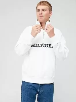 Image of Tommy Hilfiger Monotype Embroidered Mock Neck Sweat Top - White, Size S, Men