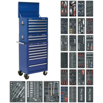 image of Sealey Superline Pro 14 Drawer Roller Cabinet, Mid and Top Tool Chests + 1179 Piece Tool Kit Blue