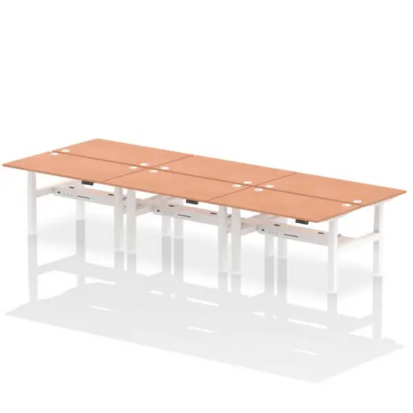 Image of Air Air Back-to-Back 1400 x 800mm Height Adjustable 6 Person Bench Desk Beech Top with Cable Ports White Frame HASCP6P14800BCHW