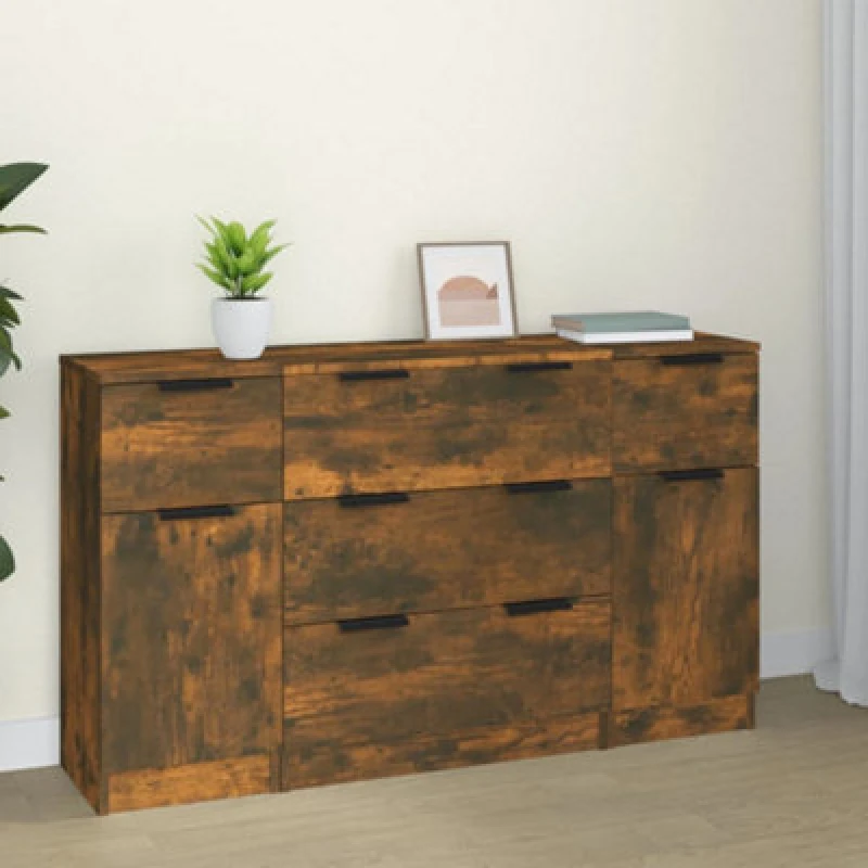 Image of Vidaxl 3 Piece Sideboard Set Smoked Oak Engineered Wood, Brown 3115825