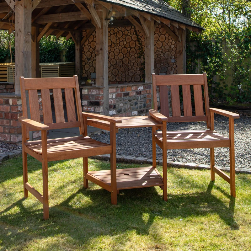 Image of Samuel Alexander 2 Person Wooden Garden Bench Love Seat & Table Garden Furniture Brown