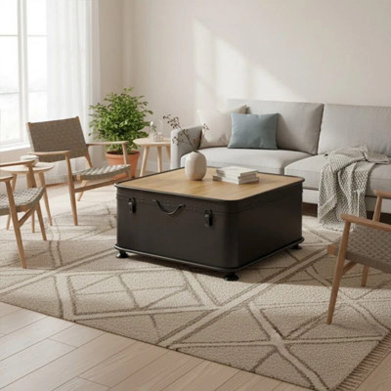 Image of Orsina Square Coffee Table With Storage, Square Wood Coffee Table, Coffee Table Trunk, Industrial Coffee Table