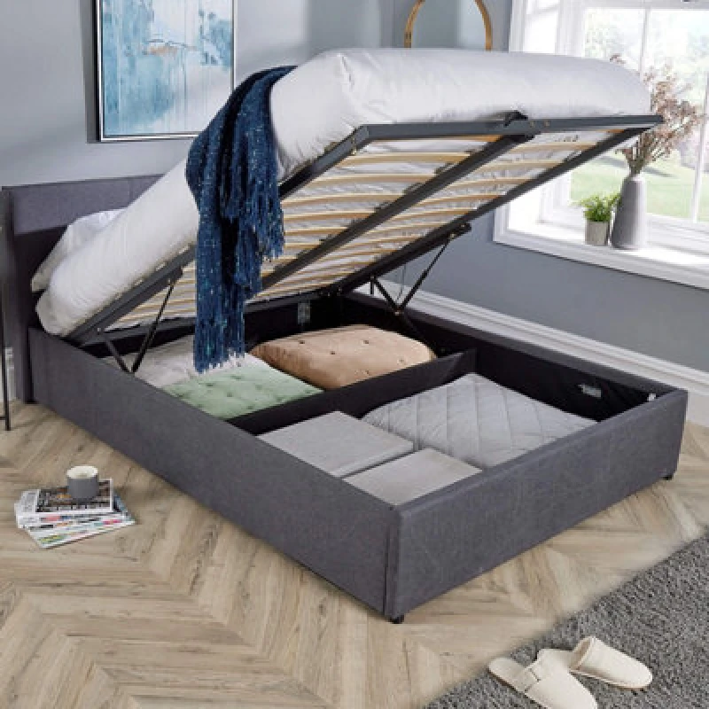 Image of HOME SOURCE Ottoman End Lift Storage Bed Double Hopsack Fabric Bed Frame Gas Lift Furniture HOR135SIL