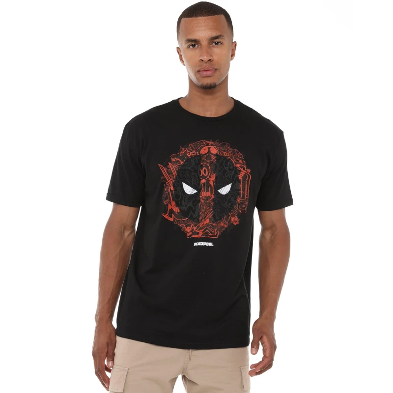 Image of Deadpool Men Marvel Deadpool Doodle Logo Mens T-Shirt Black Size: Small Black S Male 5052777793345
