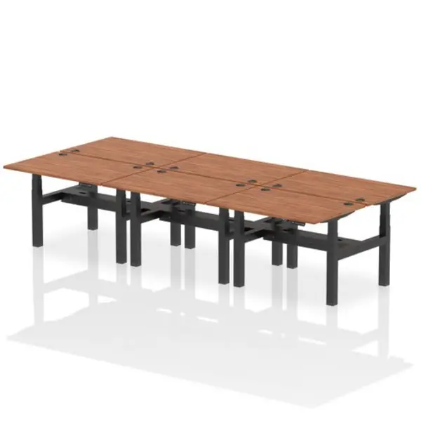 Image of Air Air Back-to-Back 1200 x 800mm Height Adjustable 6 Person Bench Desk Walnut Top with Cable Ports Black Frame HASCP6P12800WNTB