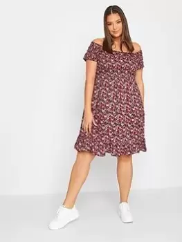 Image of Yours Shirred Midi Bardot Dress Pink Ditsy, Pink, Size 18, Women