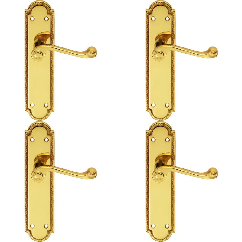 Image of Loops 4x PAIR Reeded Scroll Lever on Shaped Latch Backplate 205 x 49mm Polished Brass Metallics