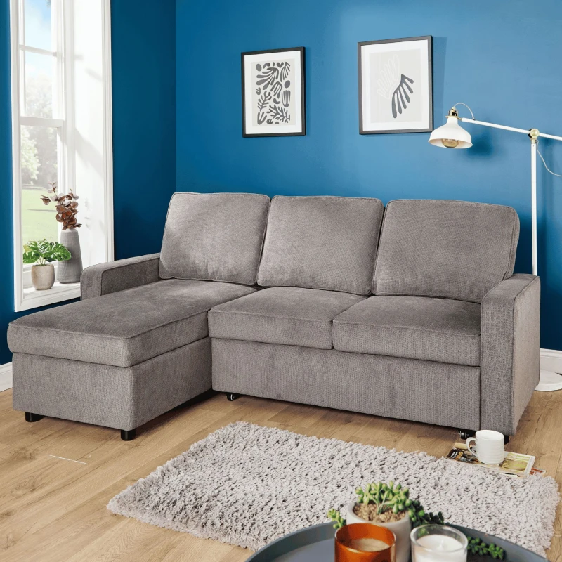 Image of Home Source Sectional Corner Sofa Pull-Out Sofa Bed Sleeper Couch Upholstered in Grey Grey Unisex