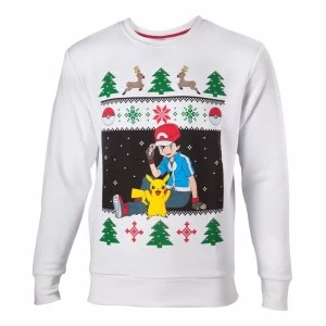 Image of Pokemon Mens Ash & Pikachu Large Christmas Jumper