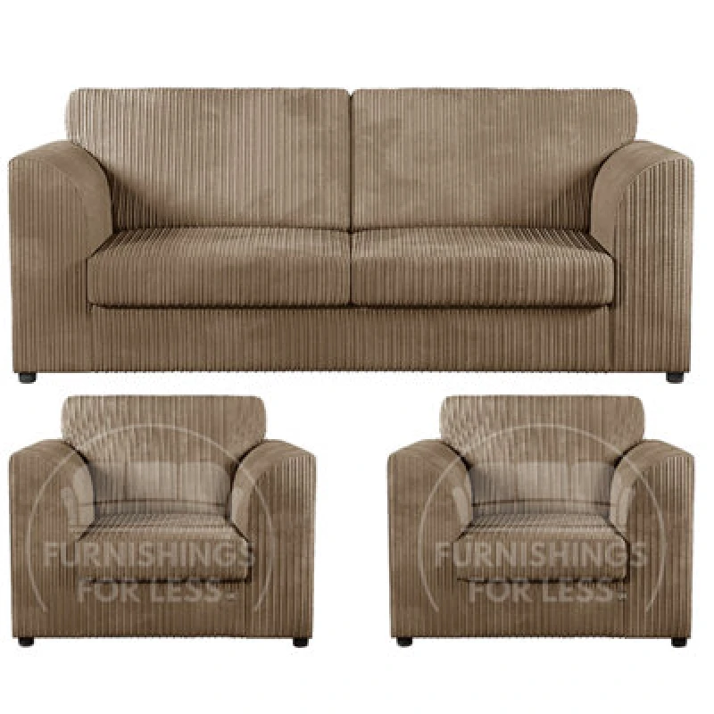 Image of Furnishings For Less UK Luxor Jumbo Cord 3 + 1 + 1 Fabric 3 Piece Sofa Suite - Fullback Coffee