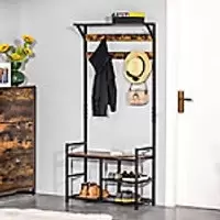 Image of Homcom Storage Bench with Coat Rack with 9 Hooks Brown, Black