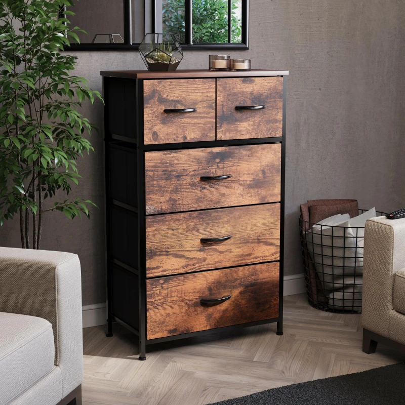 Image of Lassic Chorley 5 Drawer Fabric Storage Chest UKFR Rustic Brown unisex 5 Drawer