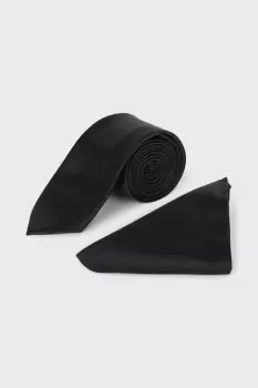 image of Mens Longer Length Slim Black Tie And Pocket Square Set