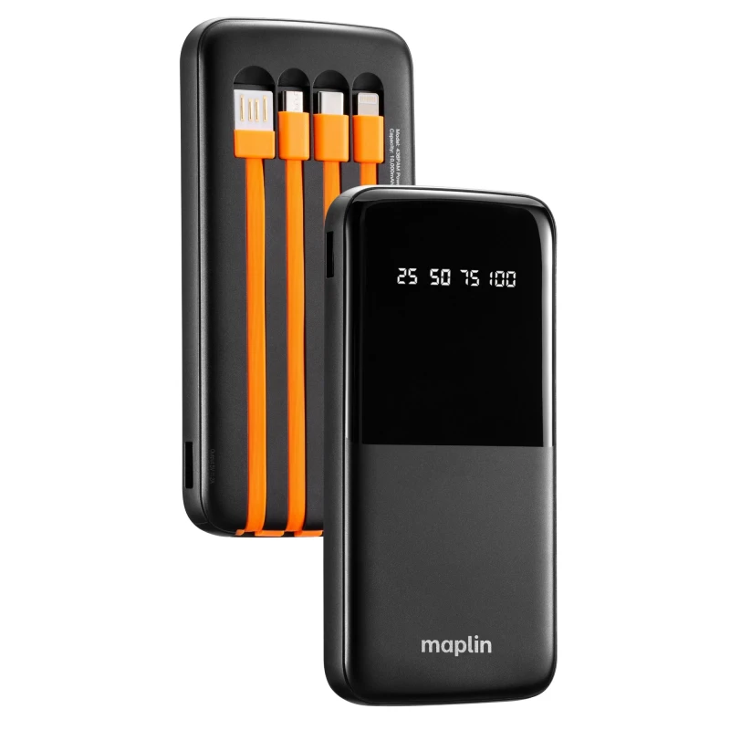Image of Maplin 10000mAh Slim Power Bank with Integrated Lightning. USB-C. USB-