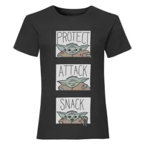 image of Star Wars: The Mandalorian Girls Protect Attack Snack The Child T-Shirt (7-8 Years) (Black)