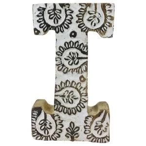 image of Letter I Hand Carved Wooden White Flower