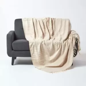 Image of Bed Sofa Throw Cotton Chenille Tie Dye Beige, 150 x 200cm - Natural - Homescapes
