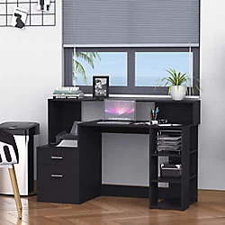 Image of HOMCOM Wooden Computer Desk Workstation with Storage Drawer & Shelves - Black