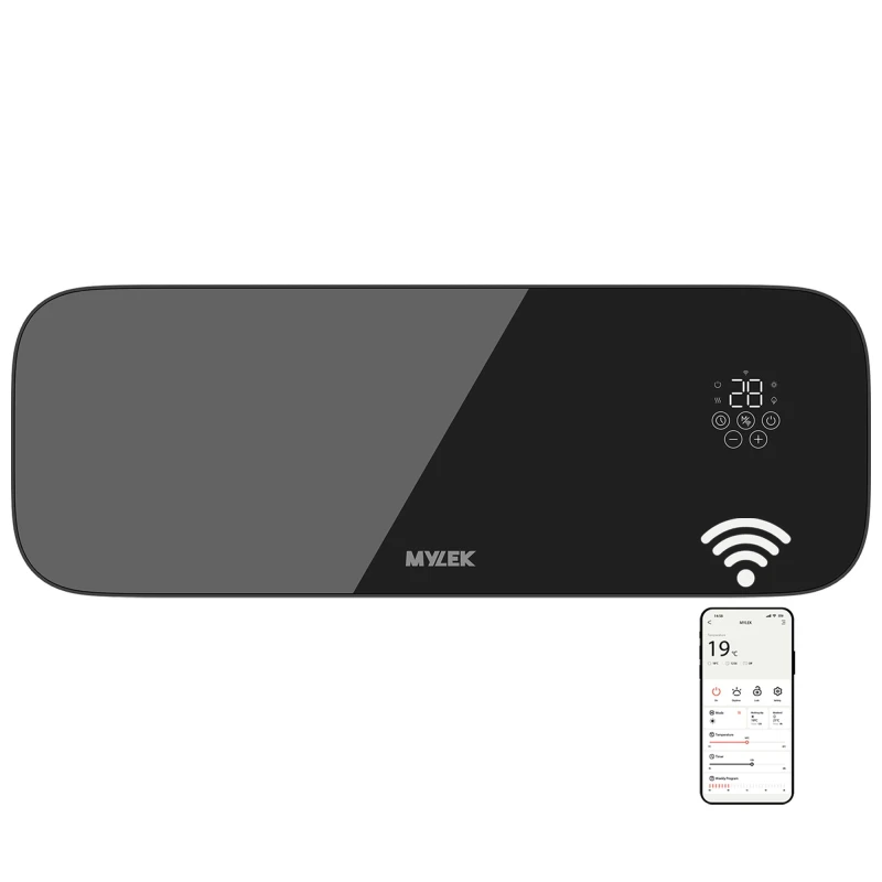 Image of MYLEK Glass Overdoor Air Curtain Heater Fan 2kW WiFi App Timer Ceramic PTC in Black Unisex