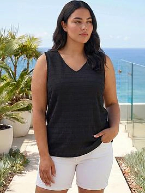 Image of Roman Womens Curve Stripe Textured Vest Top in Black Size: 16 Black Female 16